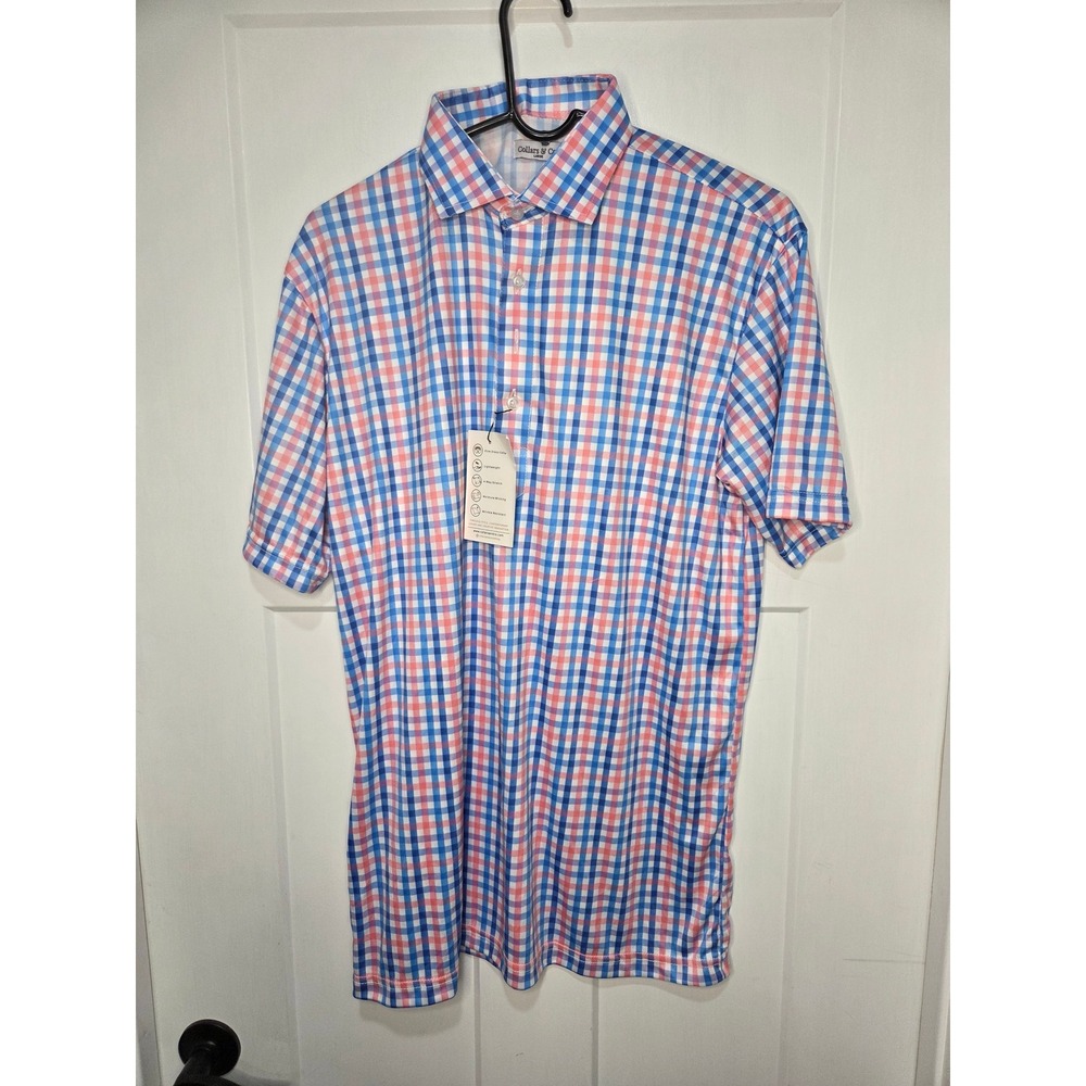 Collars & Co Mens Dress Collar Polo Shirt Pink Blue Gingham Check Large NWT